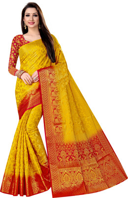 Matangi Exporter Self Design, Embellished Banarasi Silk Blend Saree(Yellow)