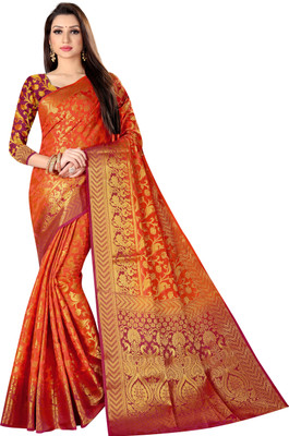 Matangi Exporter Self Design, Embellished Banarasi Silk Blend Saree(Orange)