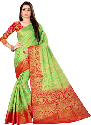 Matangi Exporter Woven Banarasi Silk Blend Saree(Red, Light Green)