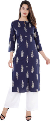 ANTARMANA Women Floral Print Frontslit Kurta(Blue)