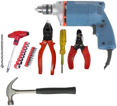 Inditrust 10mm Heavy Duty Electronic Drill machine with Plier Socket set Tester Masonry bit Hand hammer Wire cutter set Pistol Grip Drill(10 mm Chuck Size)