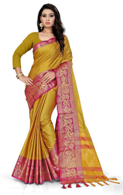 Grubstaker Printed Bollywood Art Silk Saree(Yellow)