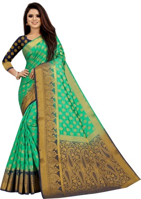 ZUUL Self Design Banarasi Cotton Blend, Pure Silk Saree(Green)