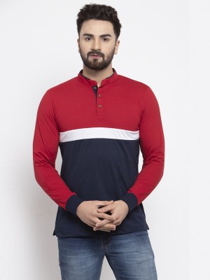 KALT Colorblock Men Mandarin Collar Red T-Shirt