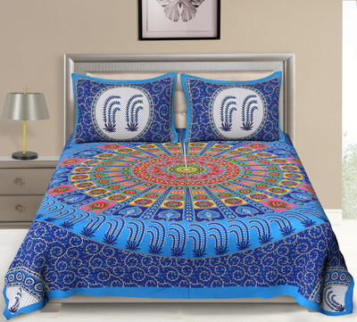 UNIQCHOICE 104 TC Cotton Double Printed Flat Bedsheet(Pack of 1, Blue)