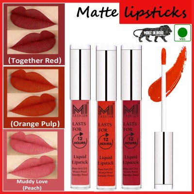 MI FASHION Matte Lipsticks Liquid Matte Long Lasting Kiss Proof Code no 1337(Peach,Orange,Red, 9 ml)