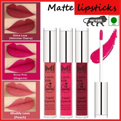 MI FASHION Lipstick Set Liquid Matte Smudge Proof Long Wearing Code no 789(Peach,Pink,Cherry Red, 9 ml)