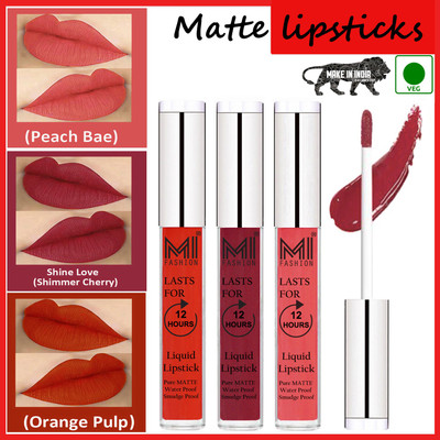 MI FASHION Matte Lipstick Combo Long Lasting Waterproof Code no 1324(Orange,Cherry Red,Peach, 9 ml)