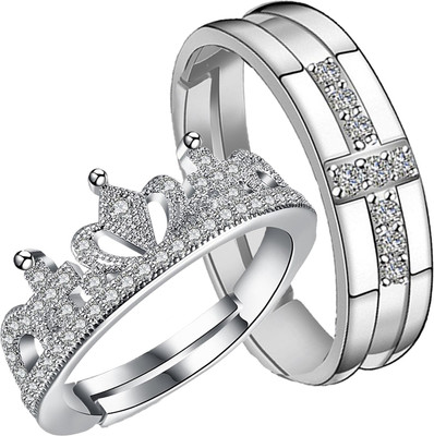 mahi Rhodium Plated Couple Ring Set With Crystal Stones Alloy Crystal Rhodium Plated Ring