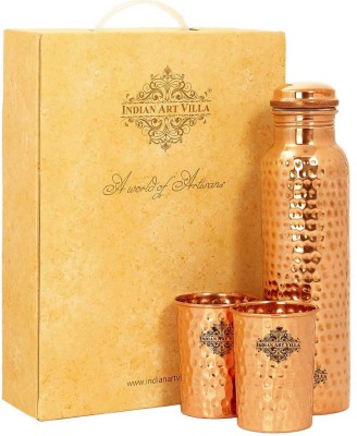 IndianArtVilla Pure Copper Gift Set of Hammered Design 1 Bottle & 2 Glass With Gift Box 900 ml Bottle(Pack of 3, Brown, Copper)