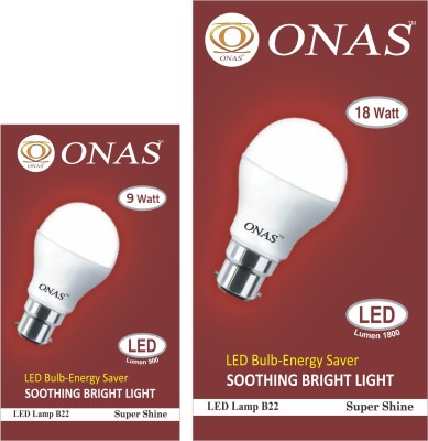 Onas 9 W, 18 W Standard B22 LED Bulb(White, Pack of 2)