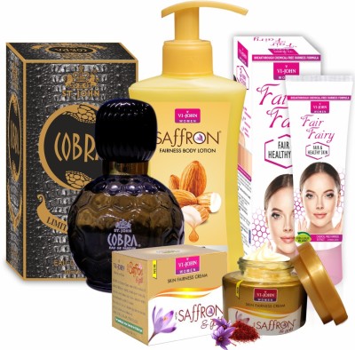 VI-JOHN Women Care Kit (SAFFRON GOLD CREAM & FAIR & FAIRY & Perfume COBRA 60ML & Body Lotion Milk Almond )(4 Items in the set)