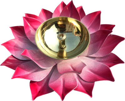 Wacky Iron and Brass Kamal Ptta Pink color Akhand diya With Fancy Gift Box size 5 inch Brass, Iron Table Diya(Height: 2 inch)