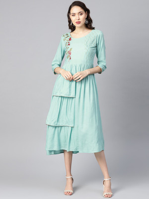 Yufta Women Gathered Blue Midi/Calf Length Dress