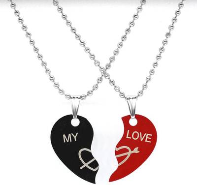 VIEN, Valentine Special For Couple Red / Black plated My Love Broken Heart Pendant Chain for Girls &amp; Boys Rhodium Stainless Steel Pendant Necklace Rhodium, Black Silver Stainless Steel Locket Set