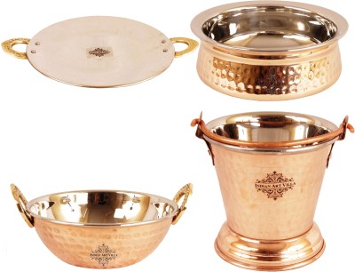 IndianArtVilla Set of 4 Steel Copper Serving Set -1 Handi 500 ML, 1 Kadhai Karahi Wok 500 ML, 1 Serving Bucket 300 ML & 1 Serving Tawa - Home Hotel Restaurant Tableware Kadhai 18 cm diameter 1.3 L capacity(Steel, Copper)