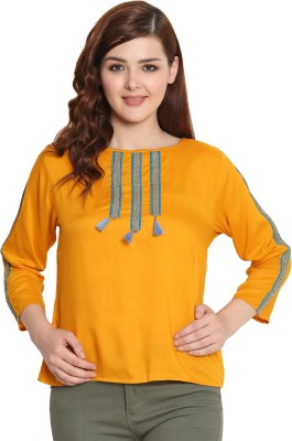 Delux Look Casual 3/4 Sleeve Embroidered Women Yellow Top