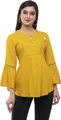 Cwtch Casual 3/4 Sleeve Embroidered Women Yellow Top