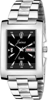 Jainx JM361 Square Shaped Day & Date Functioning Black Dial Silver Stainless Steel Chain Analog Watch  - For Men