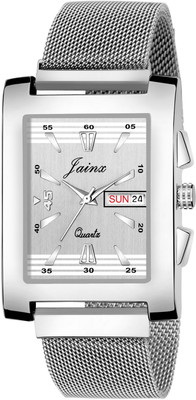 JAINX JM360 Square Silver Magnet Mesh Chain Day and Date Functioning Analog Watch  - For Men