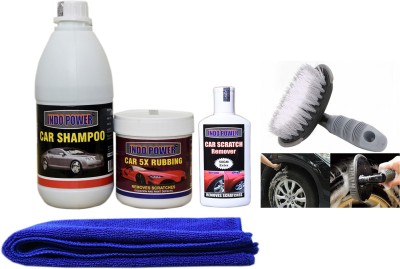 INDOPOWER CAR SHAMPOO 500ml+ CAR 5X RUBBING POLISH 250ml+ scratch remover 200gm . car microfiber cloth+All Tyre Cleaning Brush Combo