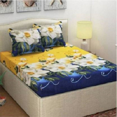 R A F Z 144 TC Microfiber Double Floral Fitted (Elastic) Bedsheet(Pack of 1, White/Yellow)