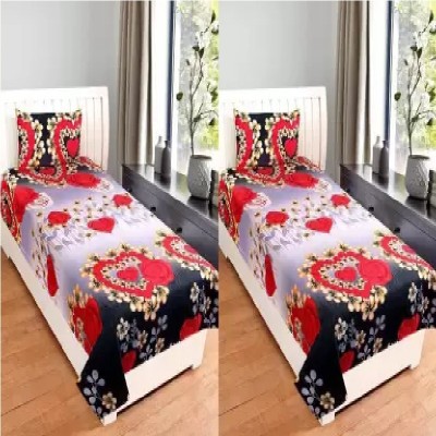 VHD 140 TC Polycotton Single Floral Flat Bedsheet(Pack of 2, Red, Black)