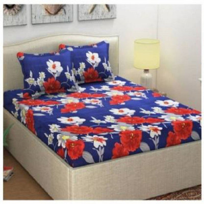 R A F Z 144 TC Microfiber Double Floral Flat Bedsheet(Pack of 1, Red/Blue)
