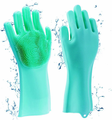 WONDERLAND Silicon Green Gloves with Scrubber Wet and Dry Glove Set(Free Size Pack of 2)