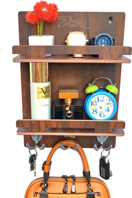 7CR Dual Shelf-KH (WB) Wood Key Holder(6 Hooks, Brown)