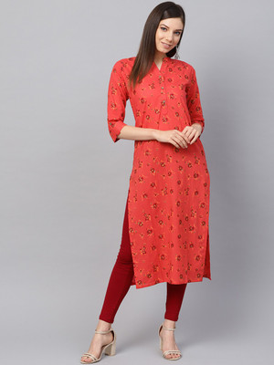 Divastri Women Floral Print Straight Kurta(Red)