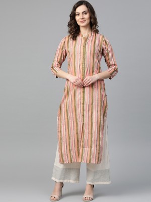 Ksut Women Striped Straight Kurta(Pink)