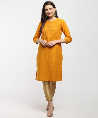 Fabindia Women Embroidered Straight KurtaYellow