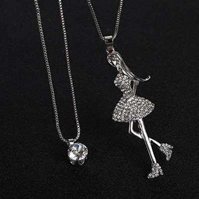 Shining Diva Valentine Gift Dancing Angel Crystal Long Chain Pendant Necklace | Valentine Gifts for Girlfriend, Wife, (Silver) Crystal Silver Plated Metal Necklace