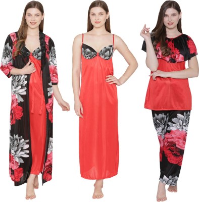 PHALIN Women Nighty Set(Red, Black)