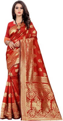 Shoppershopee Printed Banarasi Silk Blend Saree(Red)