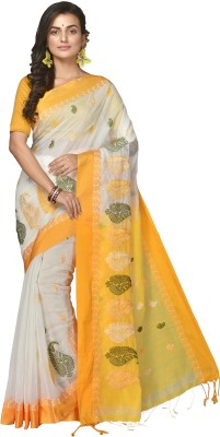 Mystory Embroidered Handloom Cotton Silk Saree(White)