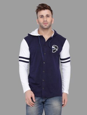 Money Leaf Solid Men Hooded Neck Dark Blue, White T-Shirt