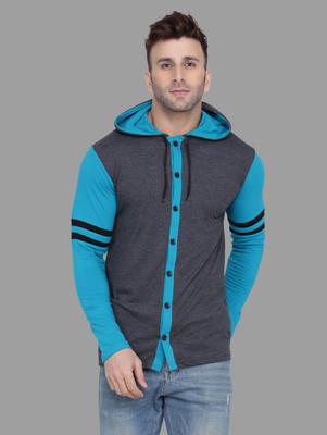 Money Leaf Solid Men Hooded Neck Light Blue, Grey T-Shirt