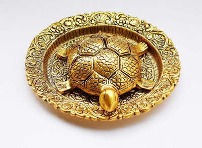 Chhariya Crafts Metal Feng Shui Tortoise On Plate Showpiece for Good Luck Decorative Showpiece  -  5 cm(Metal, Gold)