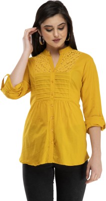 Cwtch Casual Roll-up Sleeve, Full Sleeve Self Design Women Yellow Top