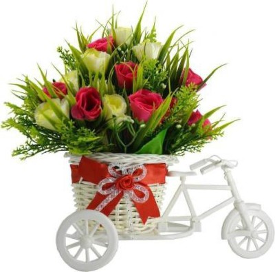 Regallo Romantic Cycle Gifts with Flower for Wife, Girlfriend, fiance On Valentine's Day, Karwa Chauth and any special Occasion, Plastic Flower Cycle Basket with Artificial Flower Yellow, Red,Green Lily Artificial Flower with Pot Pink Rose Artificial Flower  with Pot(7 inch, Pack of 18, Flower with 