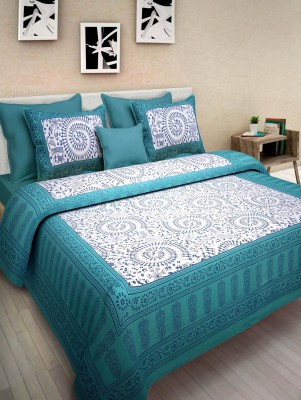 JaipurLoom 104 TC Cotton Double Jaipuri Prints Flat Bedsheet(Pack of 1, Turquoise)