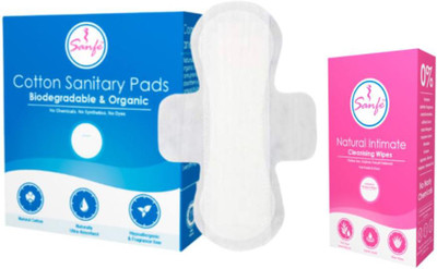 Sanfe Combo Biodegradable Super Soft Cotton Sanitary Pads - 12 Pieces, Large Night Pads with Natural Intimate Wipes (Pack of 20)(2 Items in the set)