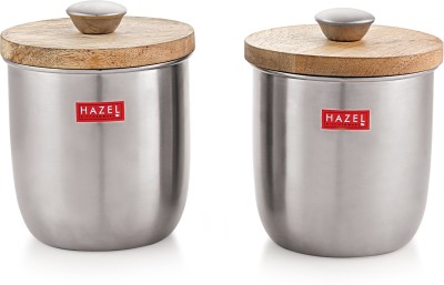 HAZEL Steel, Wooden Grocery Container  - 1325 ml(Pack of 2, Silver)