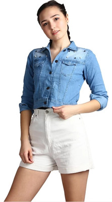 ANJUM APPARELS 3/4th Sleeve Washed Women Denim Jacket