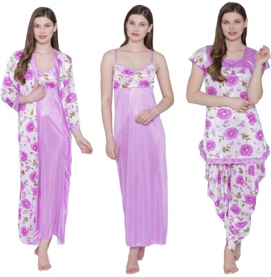 ROWENA Women Nighty Set(White, Pink, Light Green)