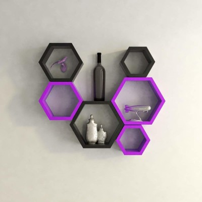 Amaze Shoppee Shelf Rack Set of 6 Hexagon Shape Storage Wall Shelves for Home | Purple & Black MDF (Medium Density Fiber) Wall Shelf(Number of Shelves - 6, Purple, Black)