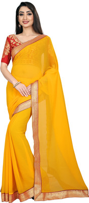 kashvi sarees Embellished, Woven, Solid/Plain Bollywood Chiffon Saree(Yellow)