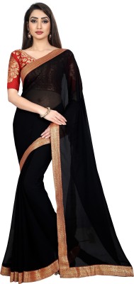 kashvi sarees Embellished, Woven, Solid/Plain Bollywood Chiffon Saree(Black)
